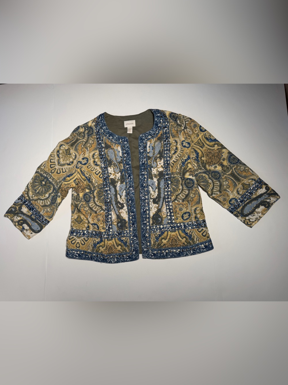 Chicos sz 1 Paisley-Print open front jacket 3/4 sleeves women’s 8 blue Teacher